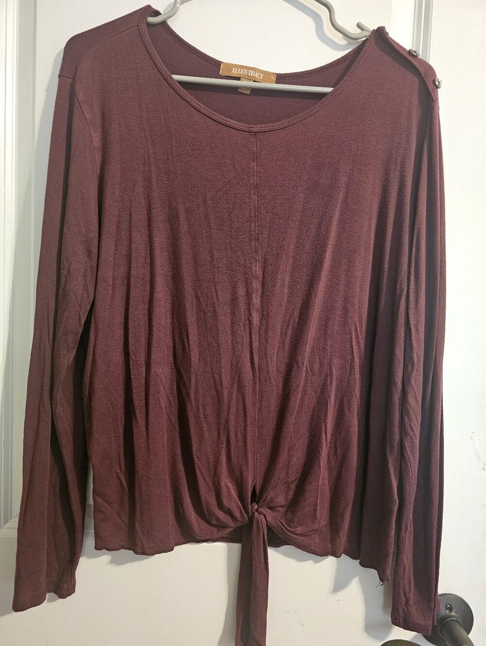 Ellen Tracy Long-Sleeve Tie-Front Top in Deep Burgundy